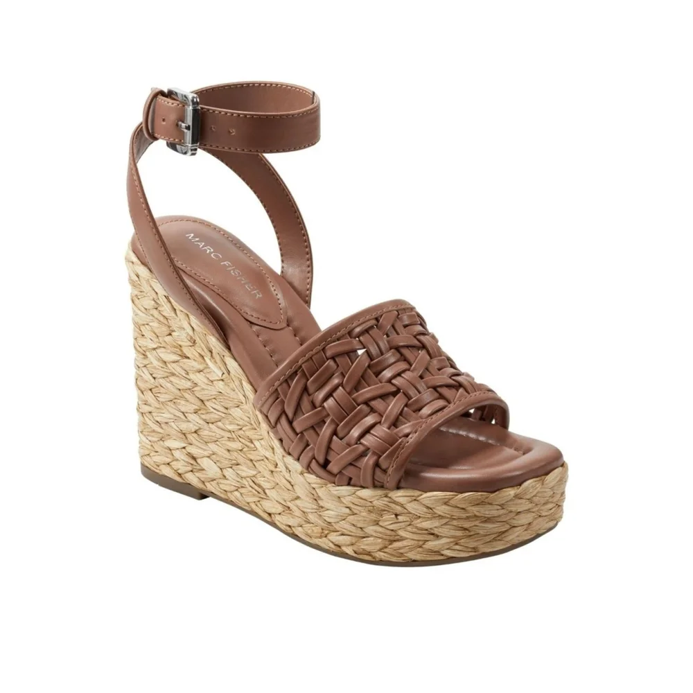 Marc Fisher Women Braided Raffia Chunky Platform Sandals 10 M Cognac Brown